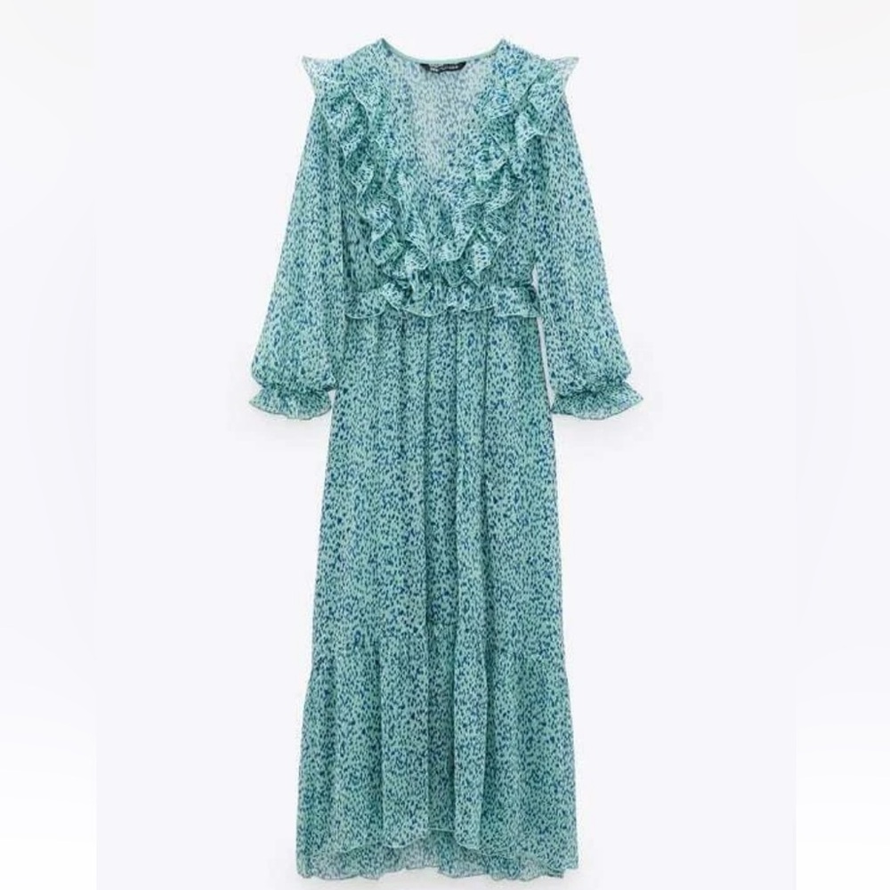 ZARA RUFFLED PRINTED MIDI DRESS GREEN XS